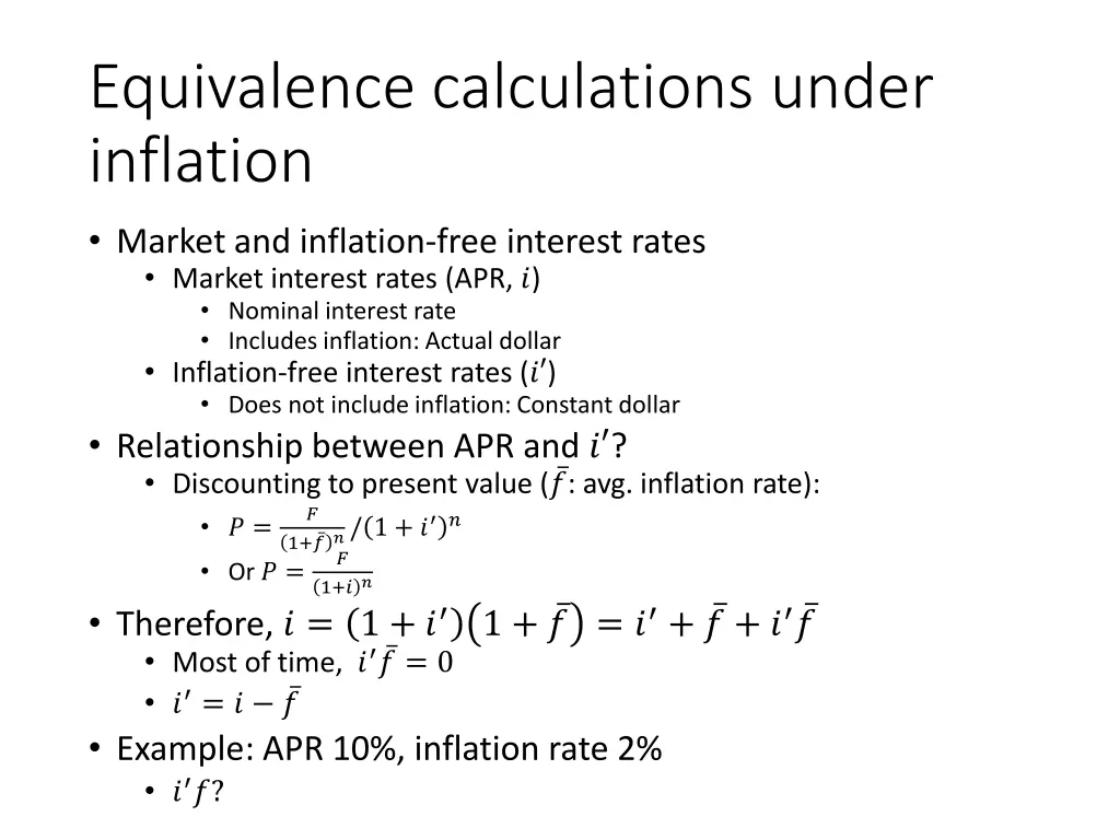 equivalence calculations under inflation 1