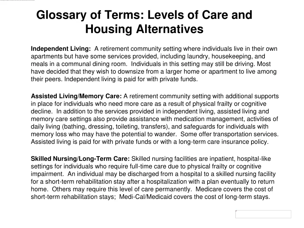 glossary of terms levels of care and housing