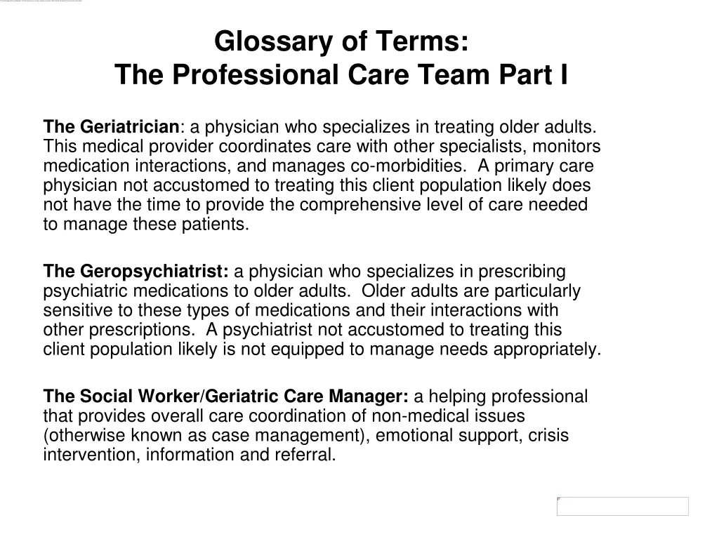 glossary of terms the professional care team part