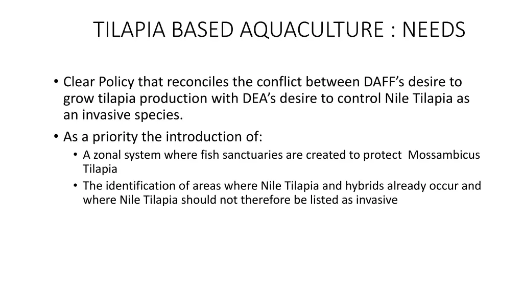 tilapia based aquaculture needs