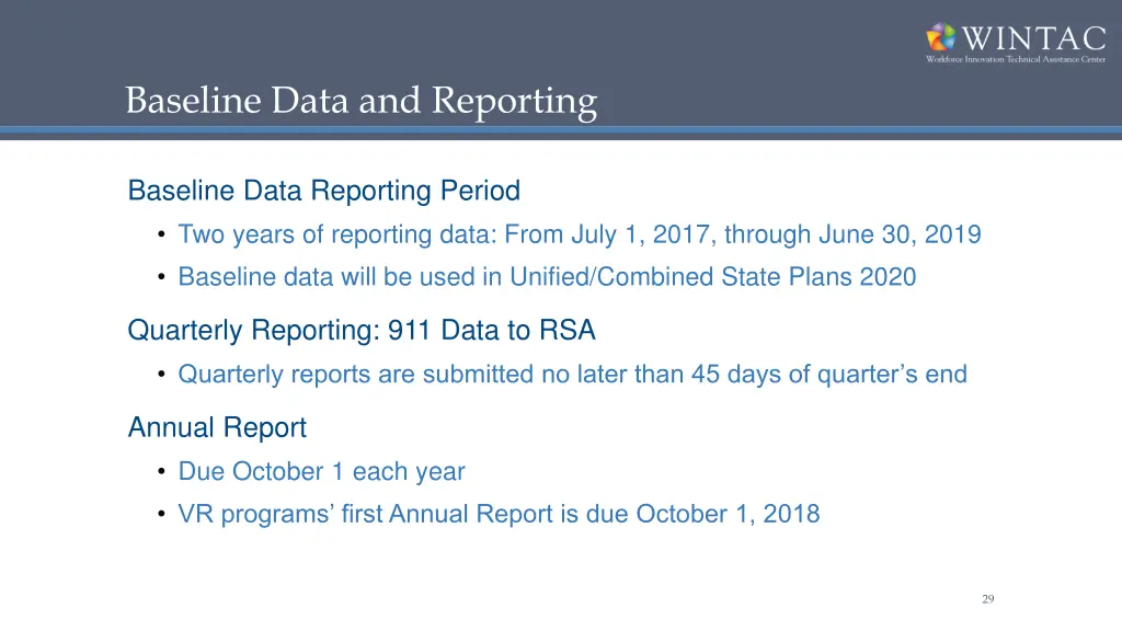 baseline data and reporting