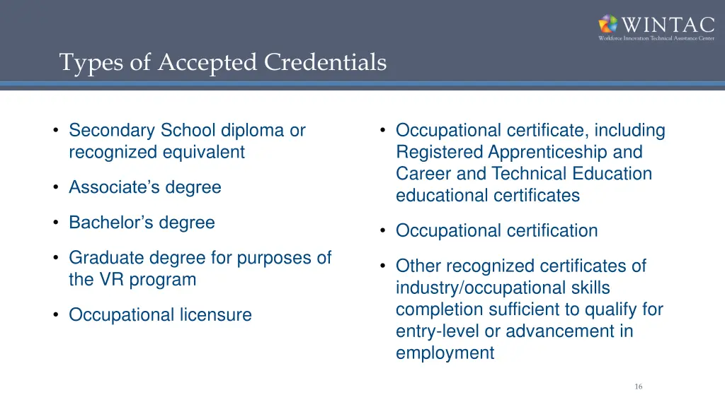 types of accepted credentials