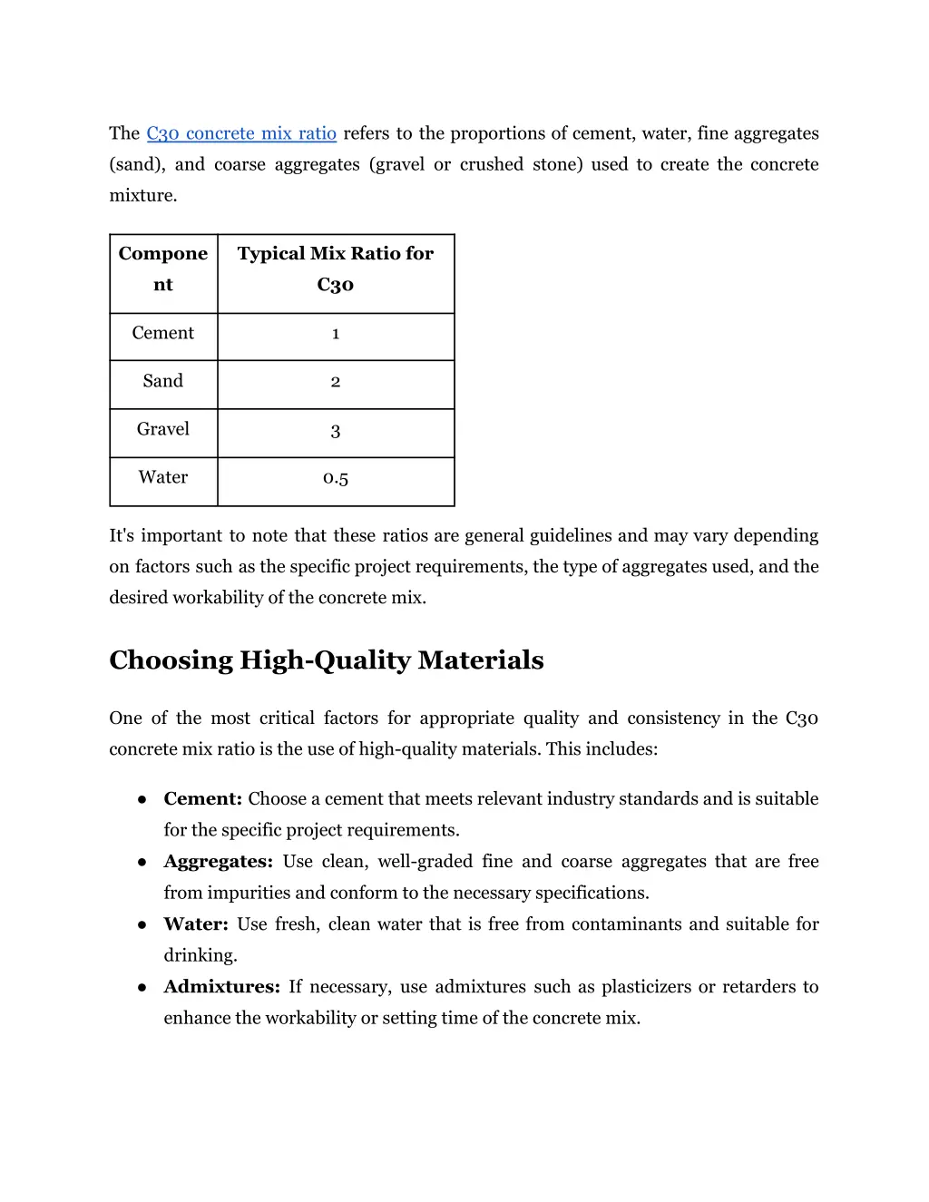 the c30 concrete mix ratio refers