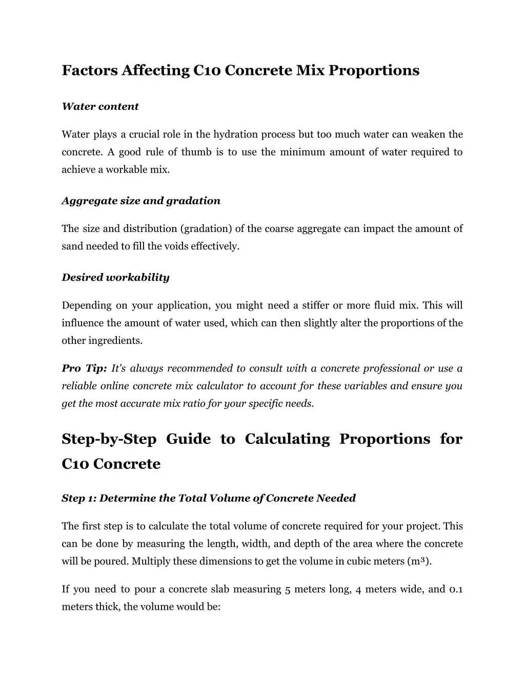 factors affecting c10 concrete mix proportions