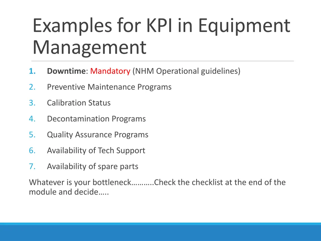 examples for kpi in equipment management