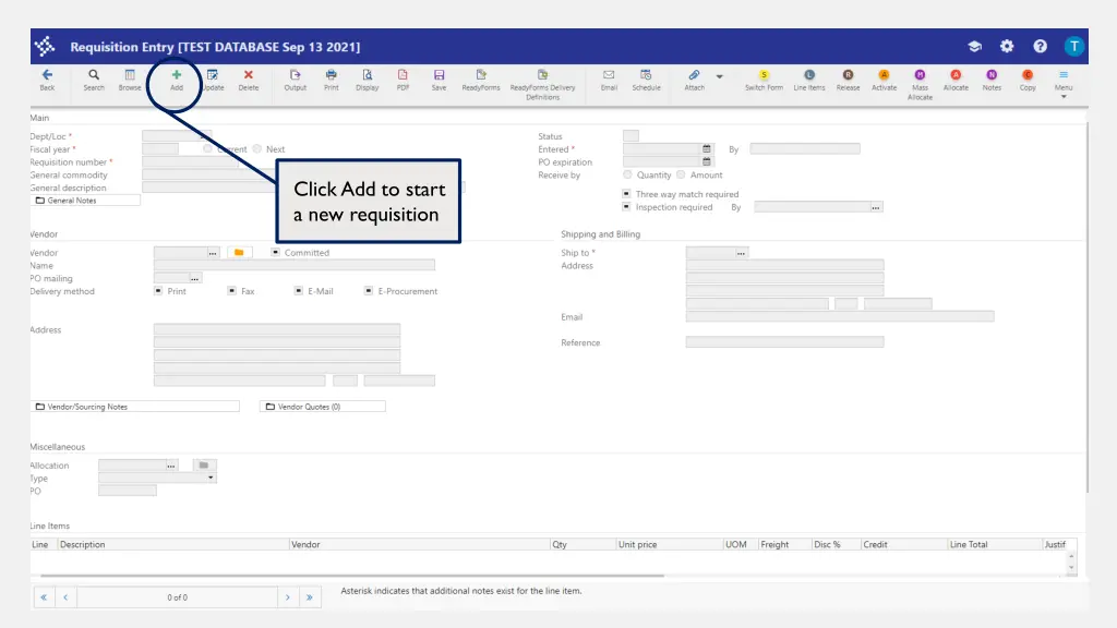 click add to start a new requisition
