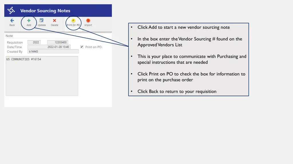 click add to start a new vendor sourcing note