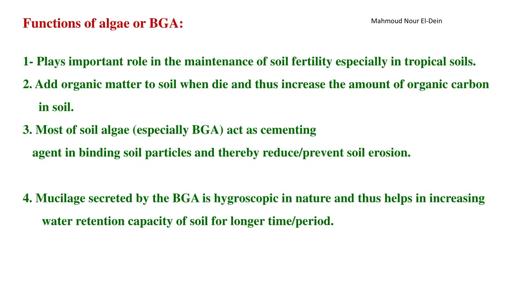 functions of algae or bga