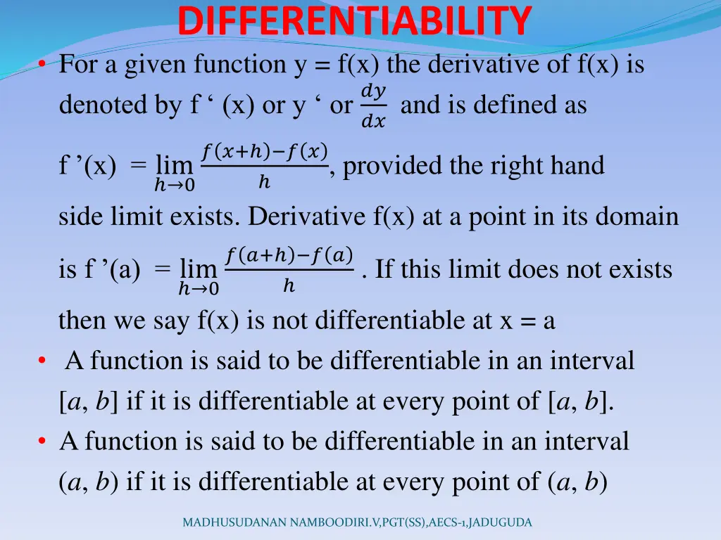 differentiability for a given function