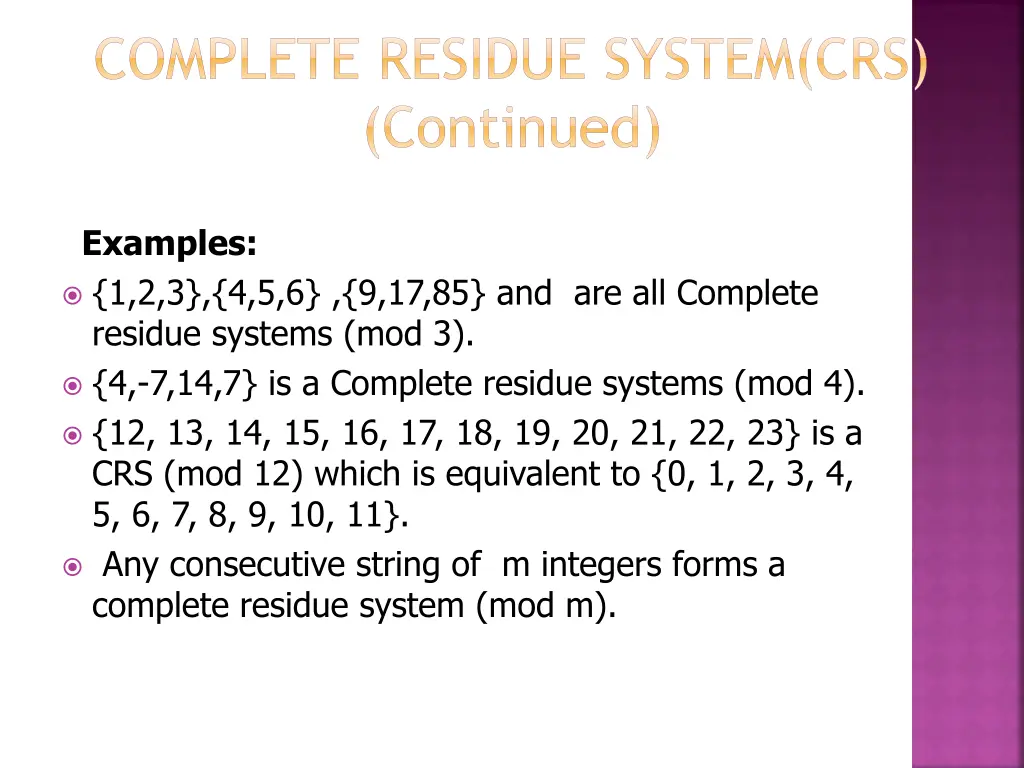 complete residue system crs continued