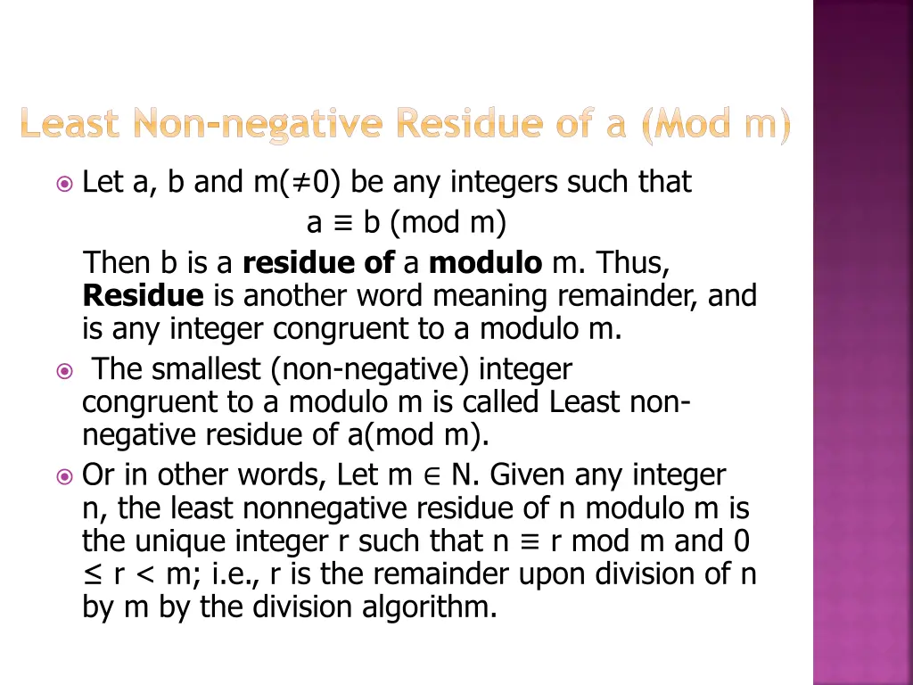 least non negative residue of a mod m