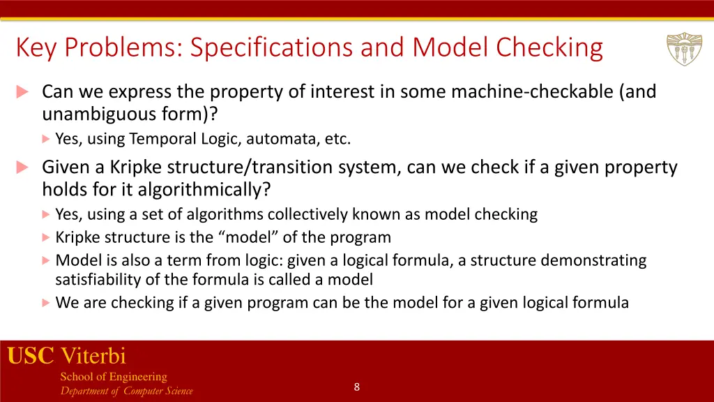 key problems specifications and model checking