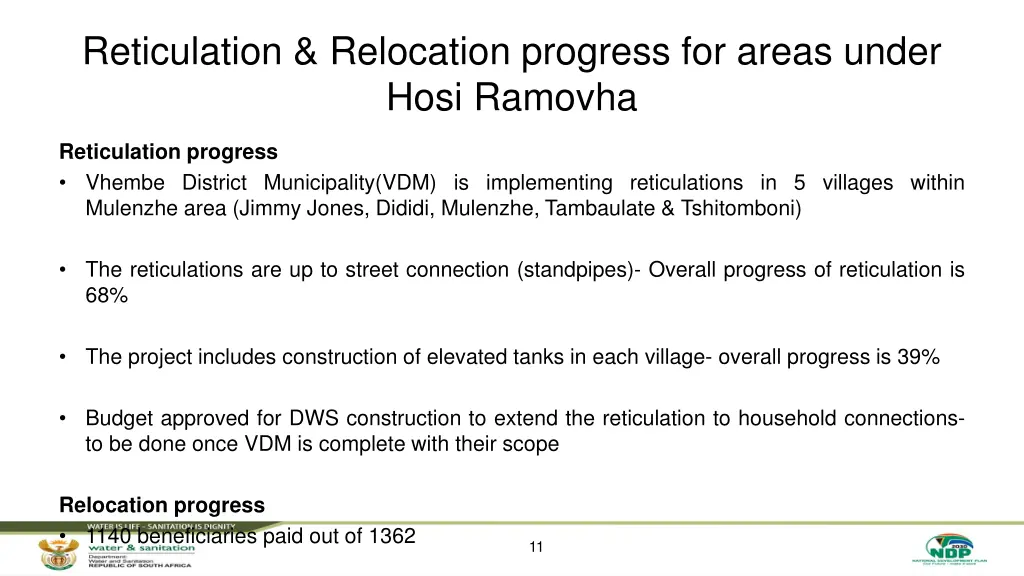 reticulation relocation progress for areas under