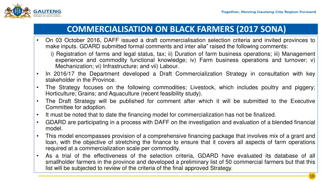 commercialisation on black farmers 2017 sona