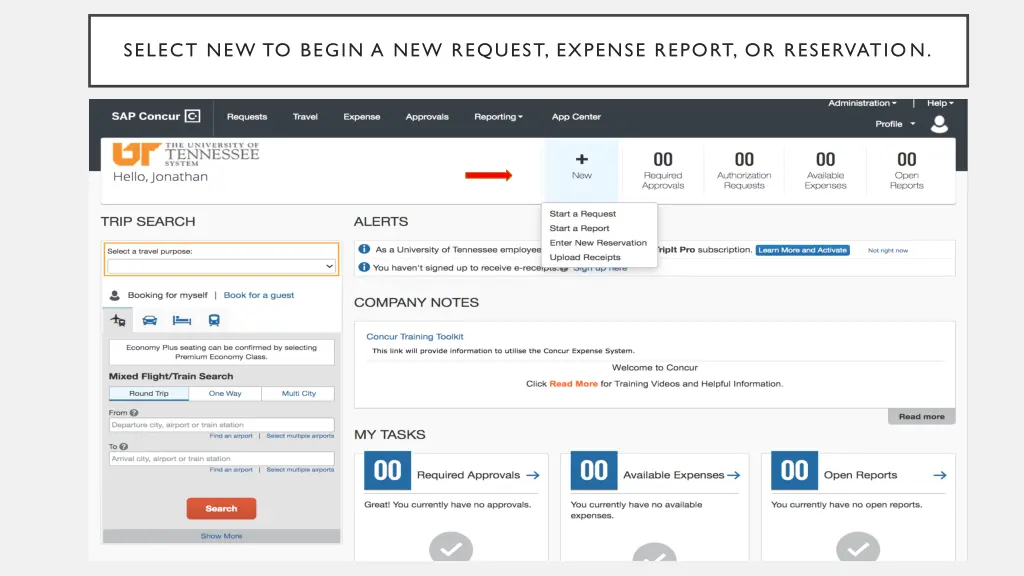 select new to begin a new request expense report