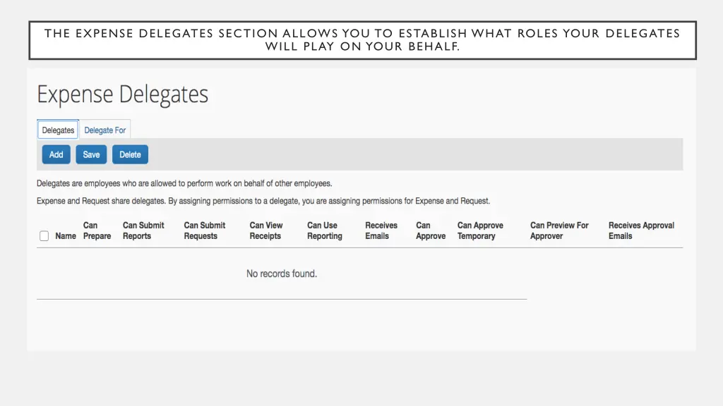 the expense delegates section allows