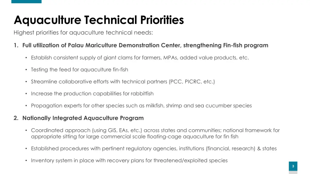 aquaculture technical priorities highest