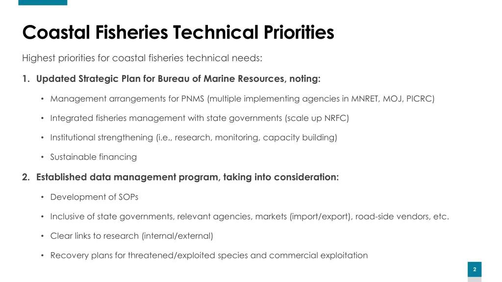 coastal fisheries technical priorities