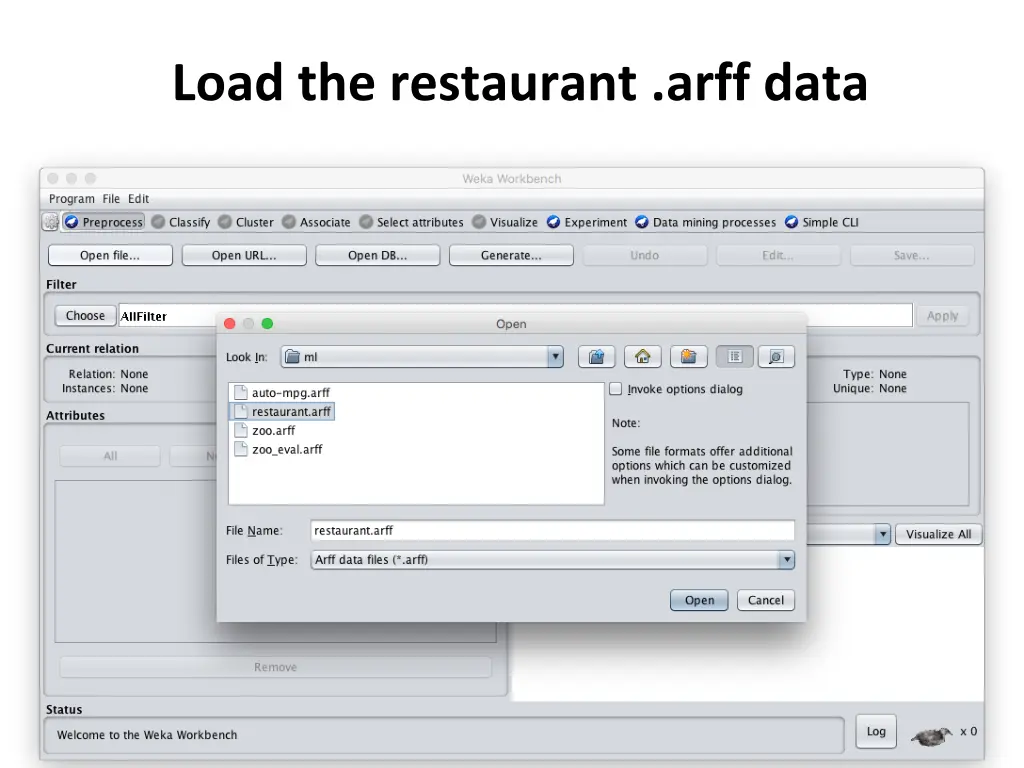 load the restaurant arff data