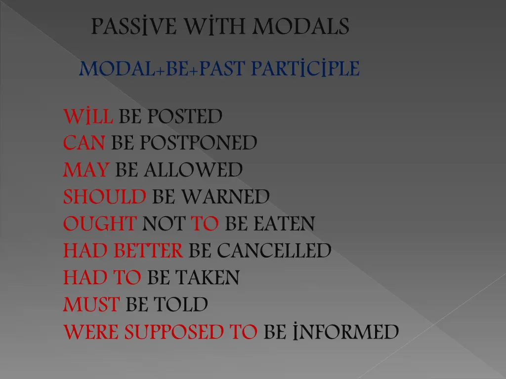 pass ve w th modals modal be past part c ple