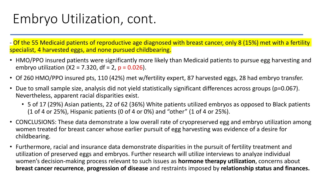 embryo utilization cont