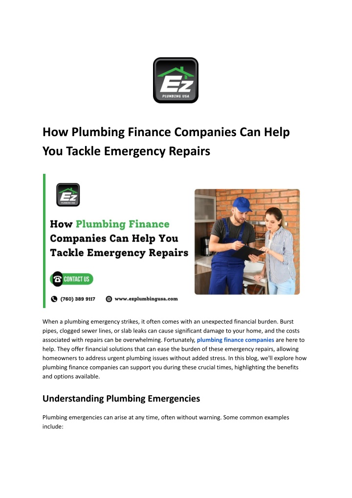 how plumbing finance companies can help