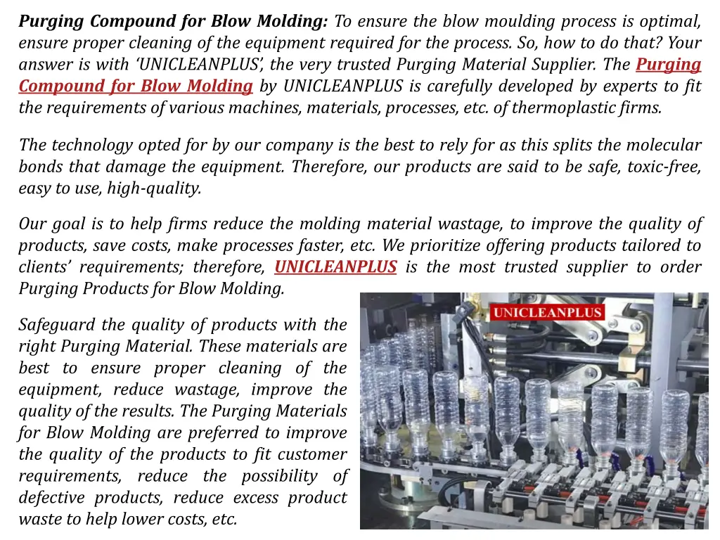 purging compound for blow molding to ensure