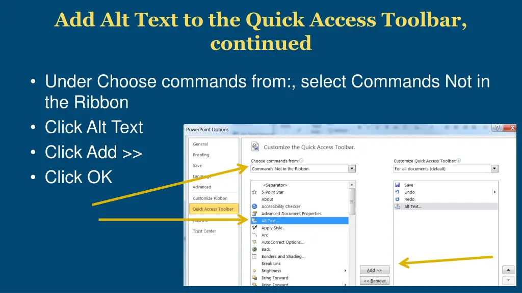 add alt text to the quick access toolbar continued