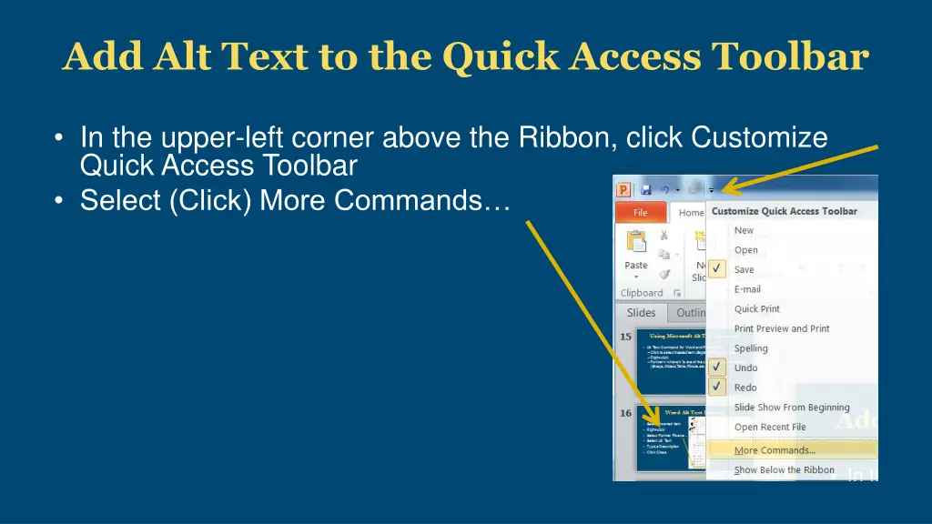 add alt text to the quick access toolbar