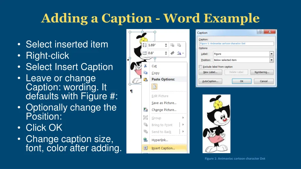 adding a caption word example