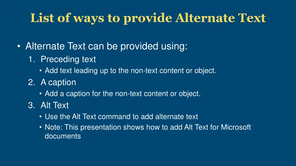 list of ways to provide alternate text