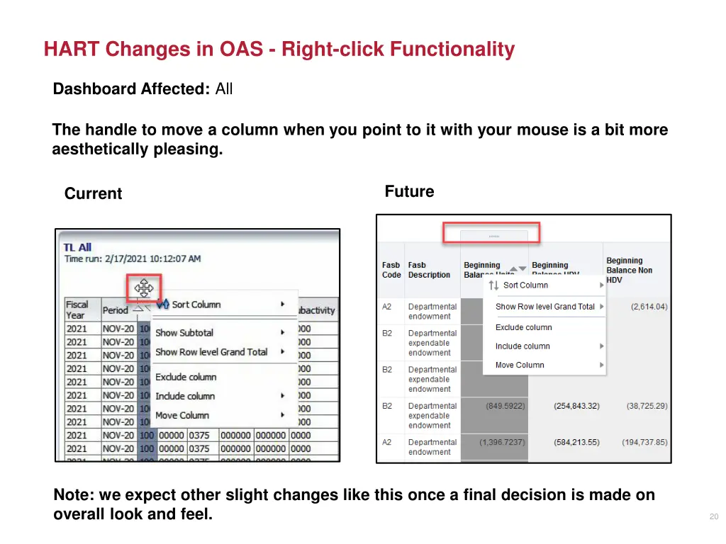 hart changes in oas right click functionality