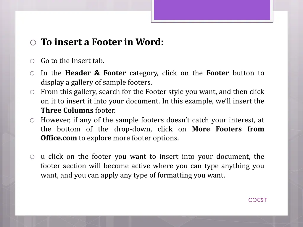 o to insert a footer in word