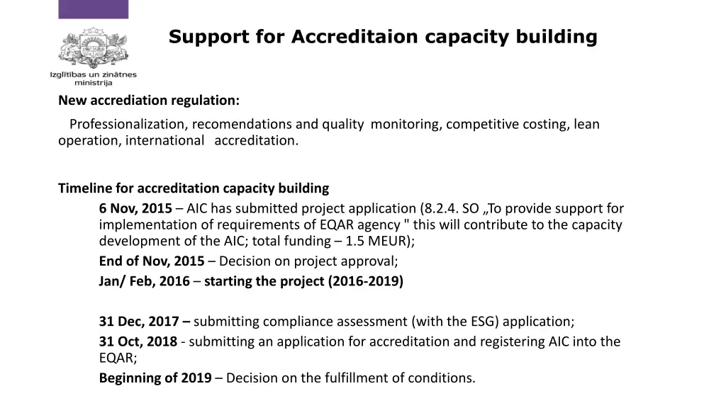 support for accreditaion capacity building