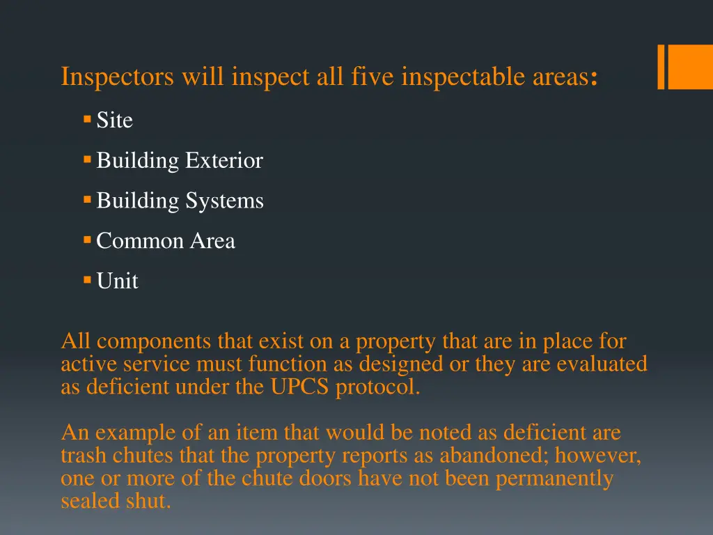 inspectors will inspect all five inspectable areas