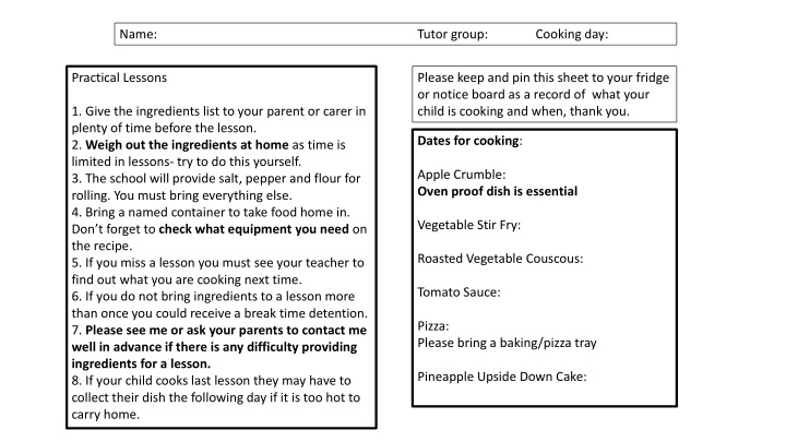 name tutor group cooking day