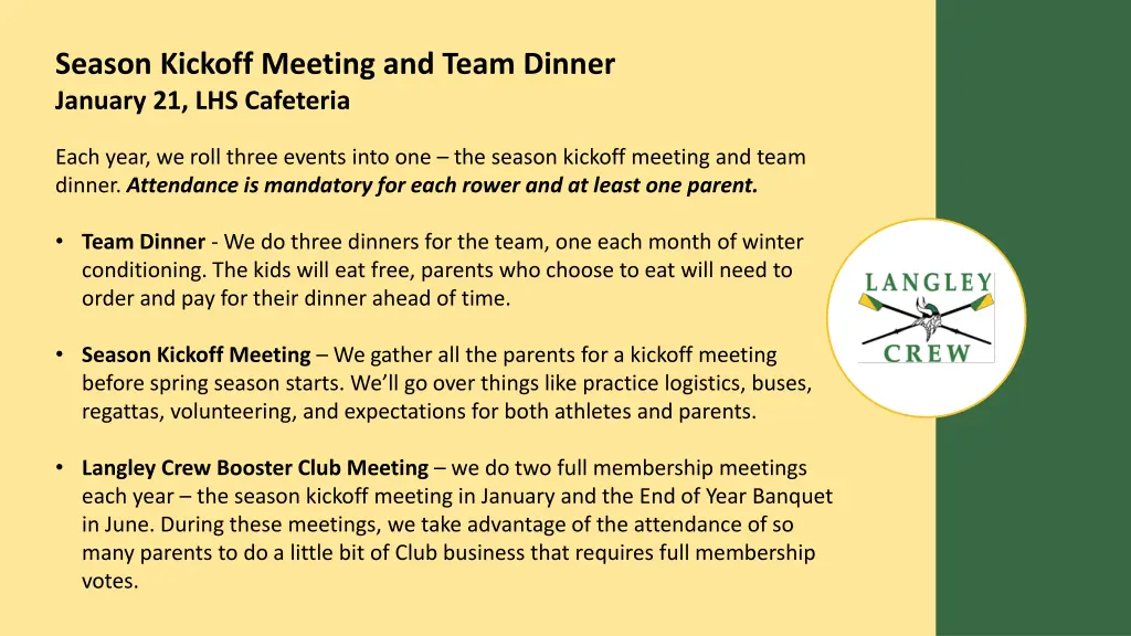 season kickoff meeting and team dinner january