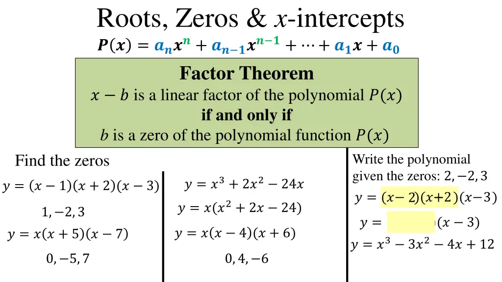 roots zeros x intercepts factor theorem