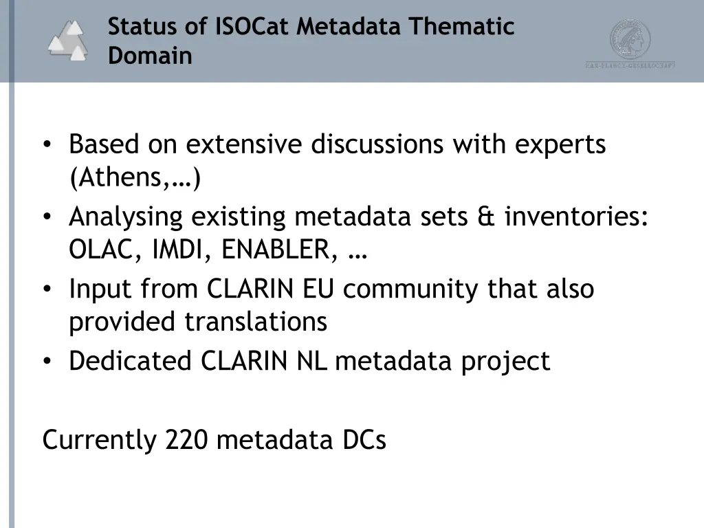 status of isocat metadata thematic domain