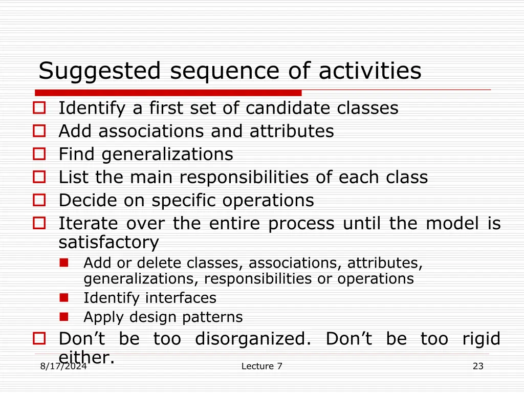 suggested sequence of activities