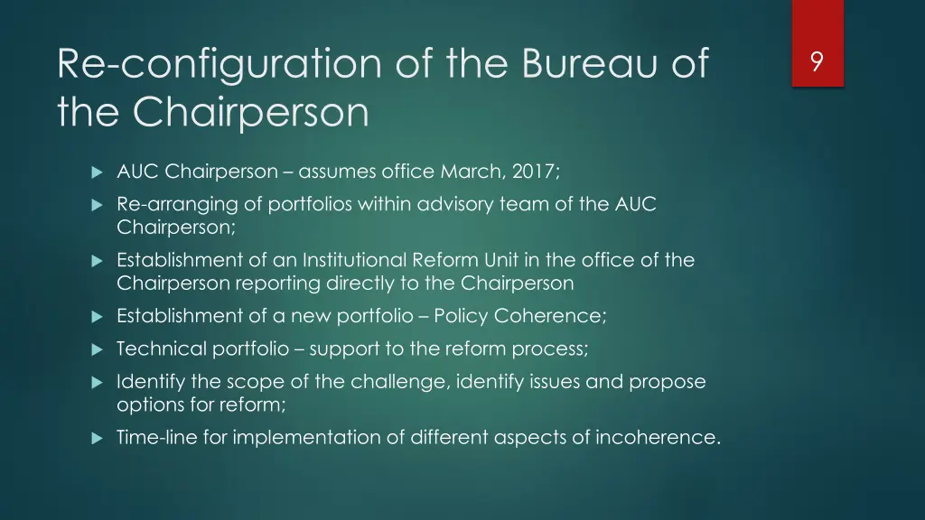 re configuration of the bureau of the chairperson