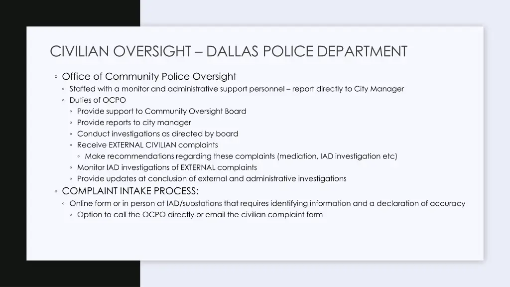 civilian oversight dallas police department