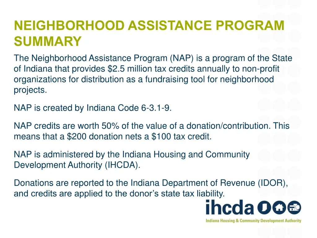 neighborhood assistance program summary