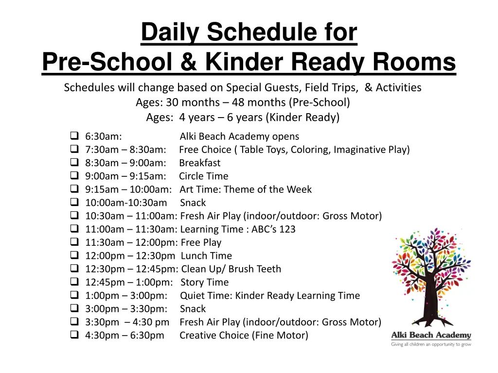 daily schedule for pre school kinder ready rooms