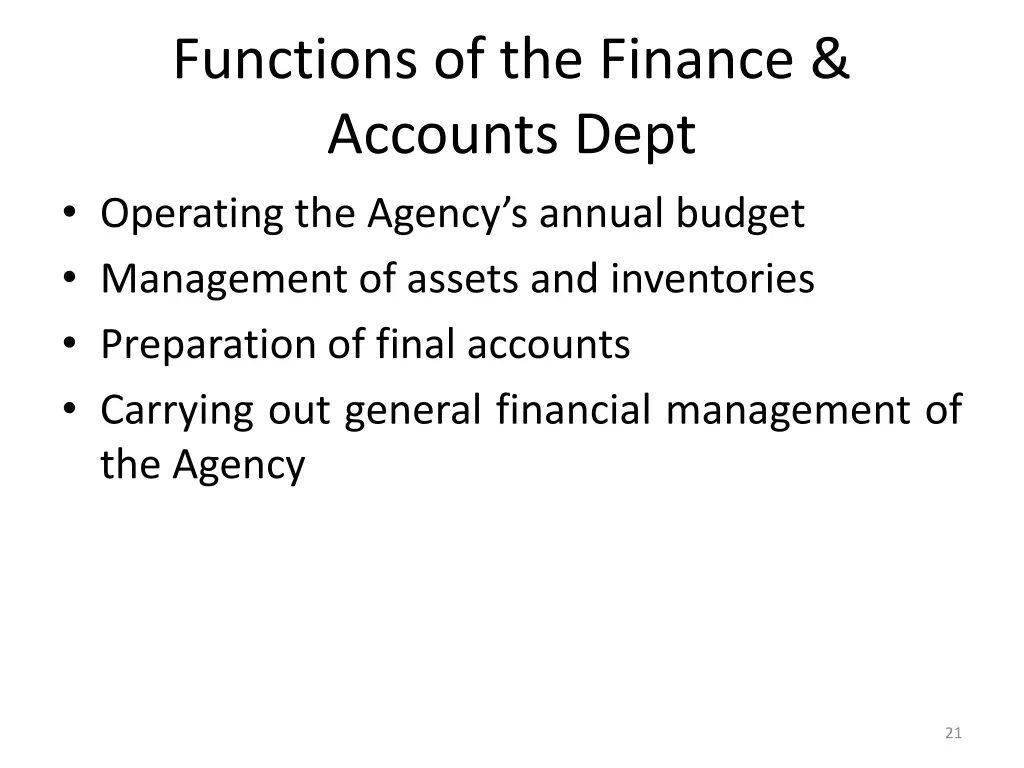 functions of the finance accounts dept operating