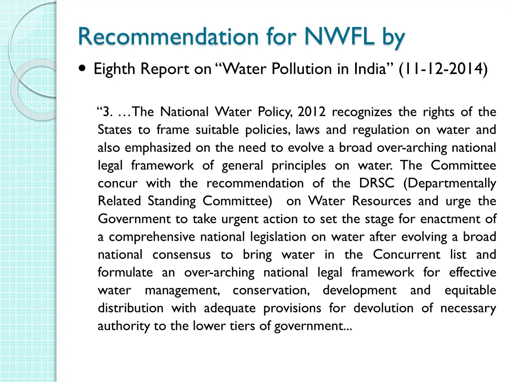 recommendation for nwfl by eighth report on water