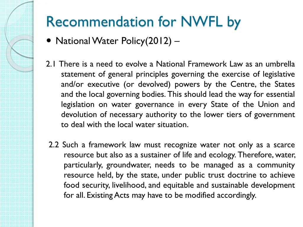 recommendation for nwfl by national water policy