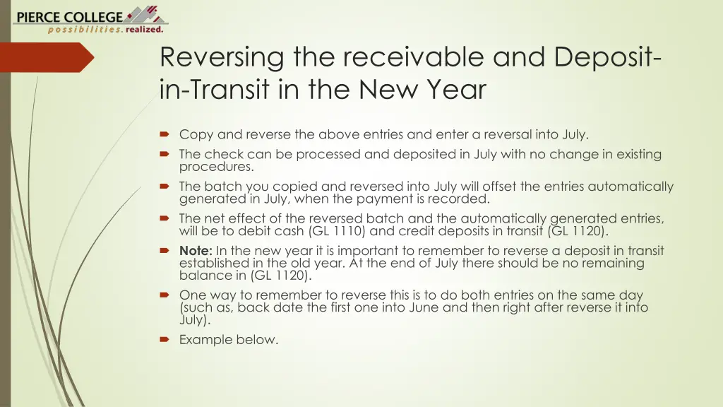 reversing the receivable and deposit in transit