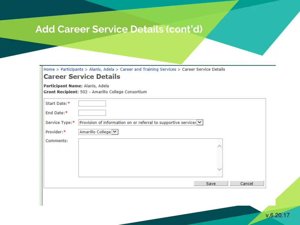 add career service details cont d