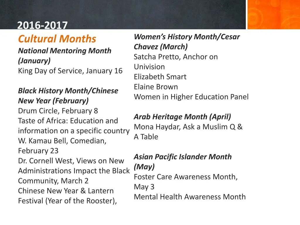 2016 2017 cultural months national mentoring